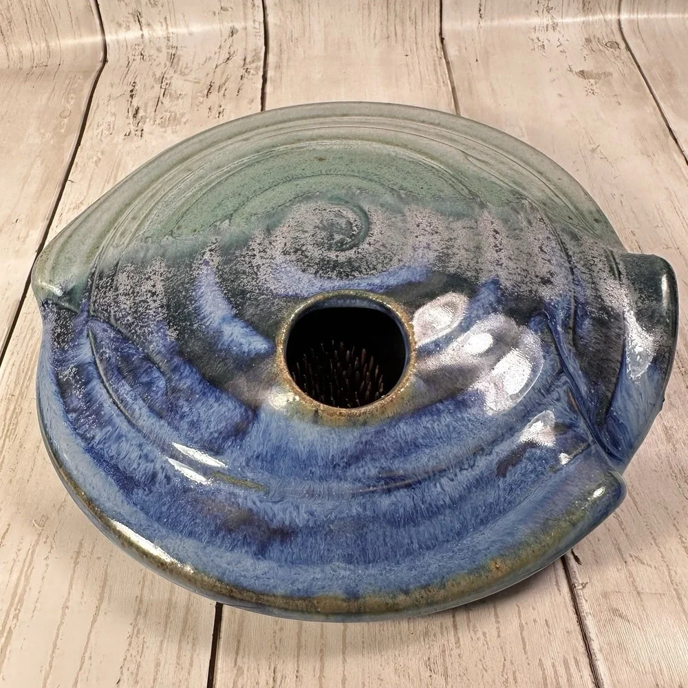 VTG Handmade Ikebana Pottery Vase W/ Floral Frog Blue & Green Glaze Signed Colby